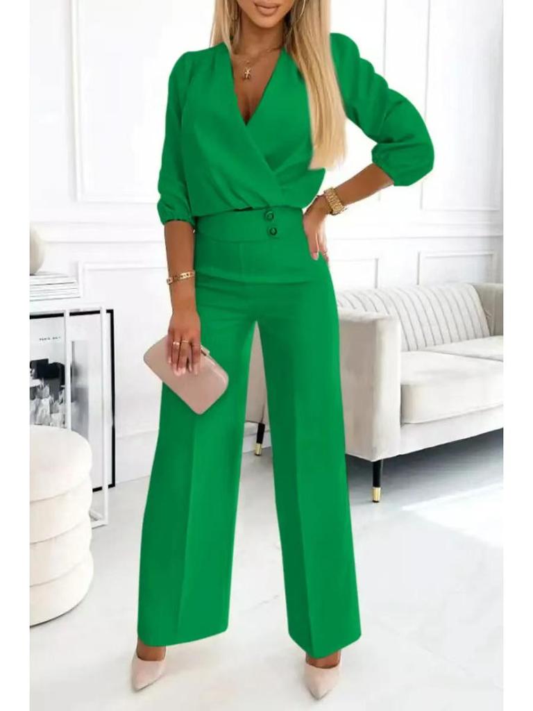 2025 Women's Solid Color V-neck Two-Button 2-Piece Pants Set