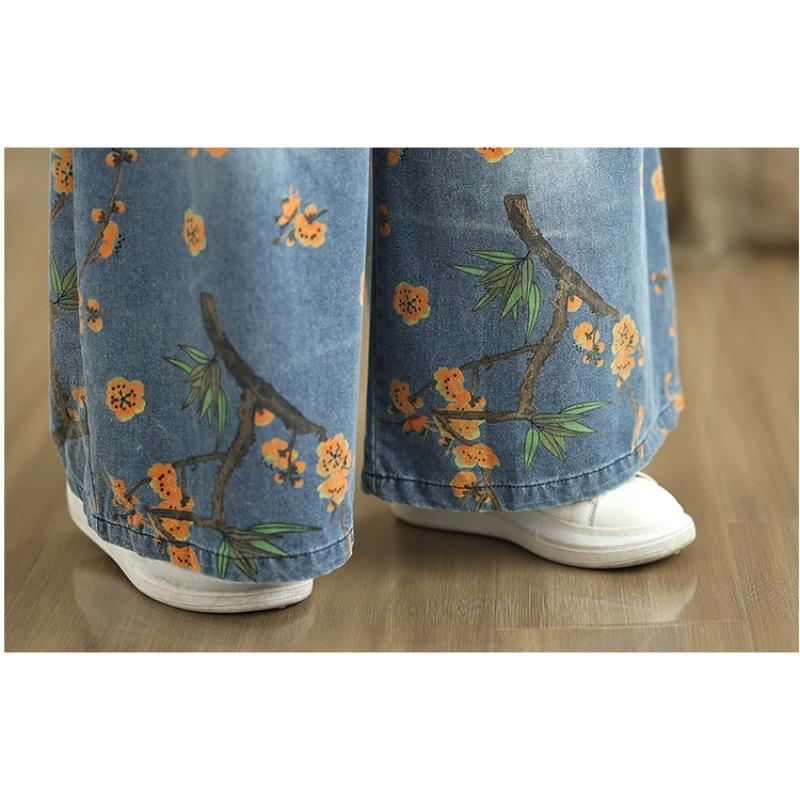 DIMANAF 2025 Sommer Übergröße Jeans Lange Hosen Damen Casual Hohe Taille Elastisch Basic Locker Floral Weitbeinige Hosen