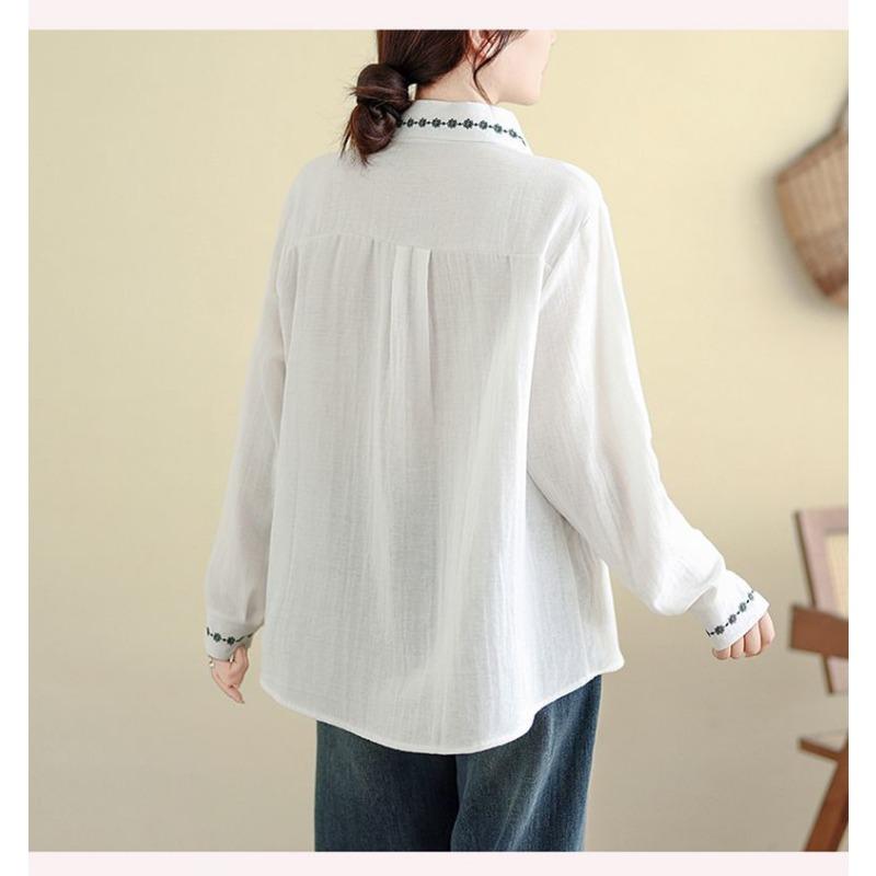 Button Lapel Cardigan Embroidered Long-sleeved Shirt for Women Autumn and Winter Literary and Versatile Loose Casual Top