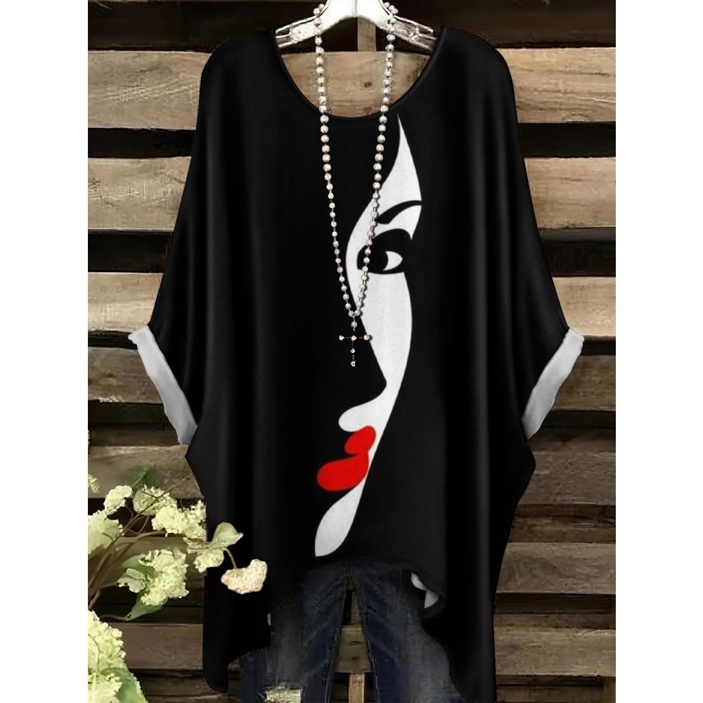 Damen T-Shirt Elegant Schwarz Gestreift Damen Gesichts Grafikdruck Tops Sommer Lässig Rundhals Kurzarm T-Shirts für Damen