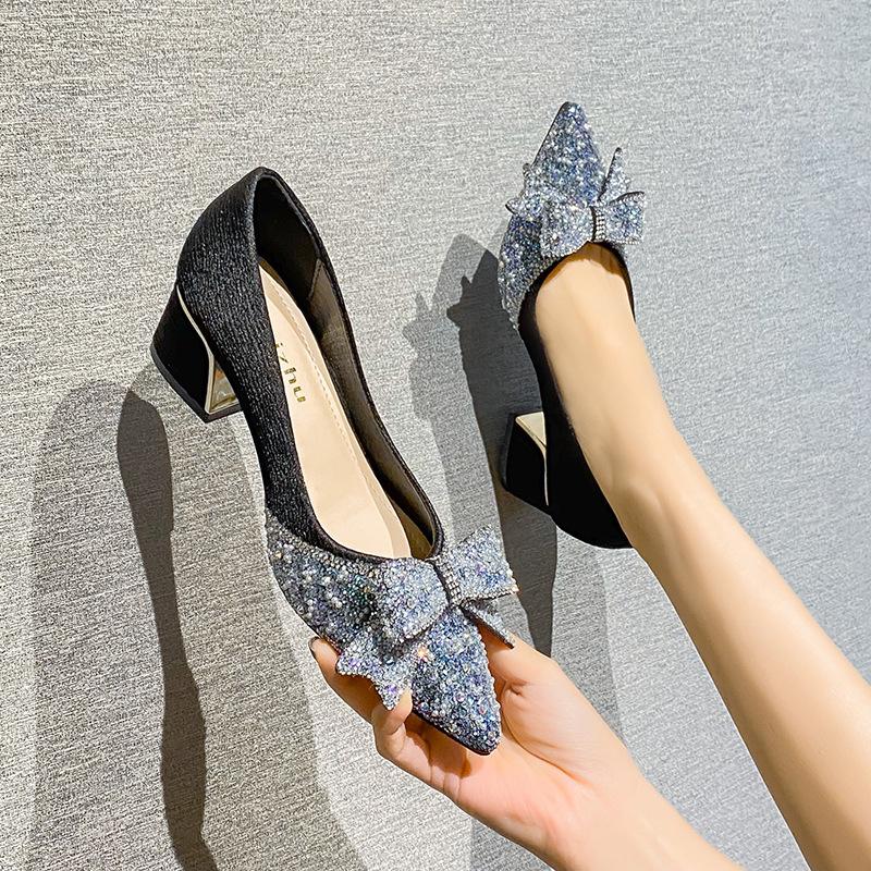 French Pointed Single Shoes Women's 2025 Spring and Autumn Boat Shoes Shallow Fairy Shoes Gentle Thick Heel Large Size Women's Shoes 41-43