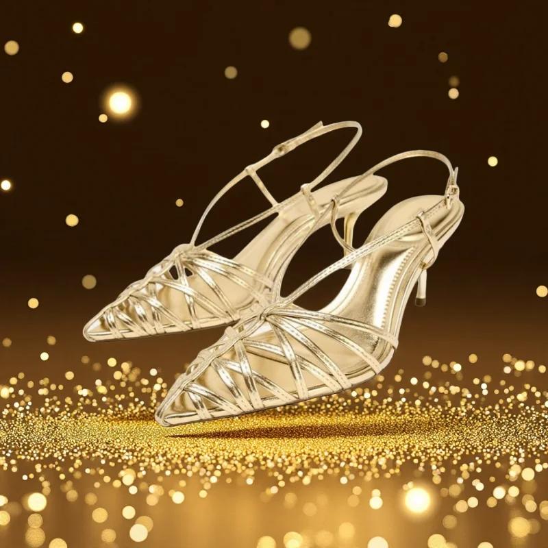 Fashion Gold Narrow Strap Hollow Out Design Heeled Sandals Women Sexy Pointed Toe Ankle Strap High Heels Elegant Banquet Wedding Shoes