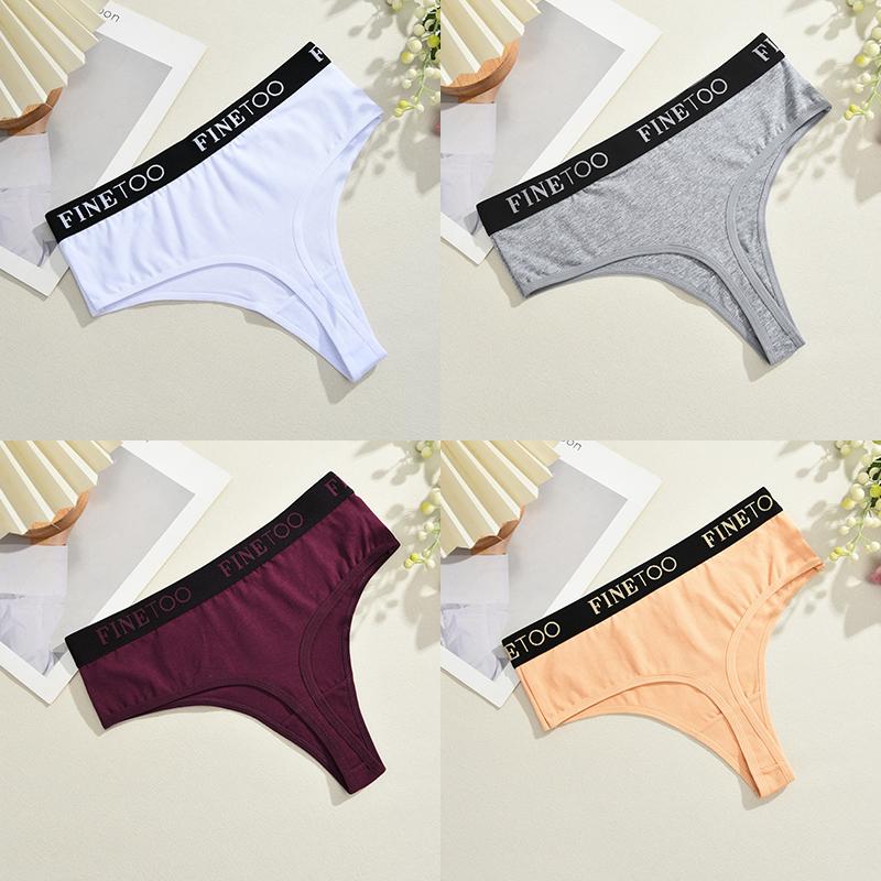 FINETOO 4Pcs Women Cotton Thongs Panties Female Ribbed High Rise G-String Ladies Sexy Bikini 6 Solid Color Girl Soft Intimates