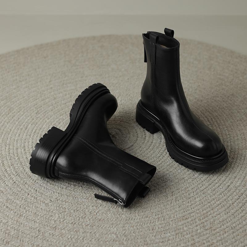 Cizme scurte de damă cu toc joasă toamnă și iarnă noi, confortabile, din piele de vacă, cizme scurte de dimensiuni mari, casual, cu toc gros