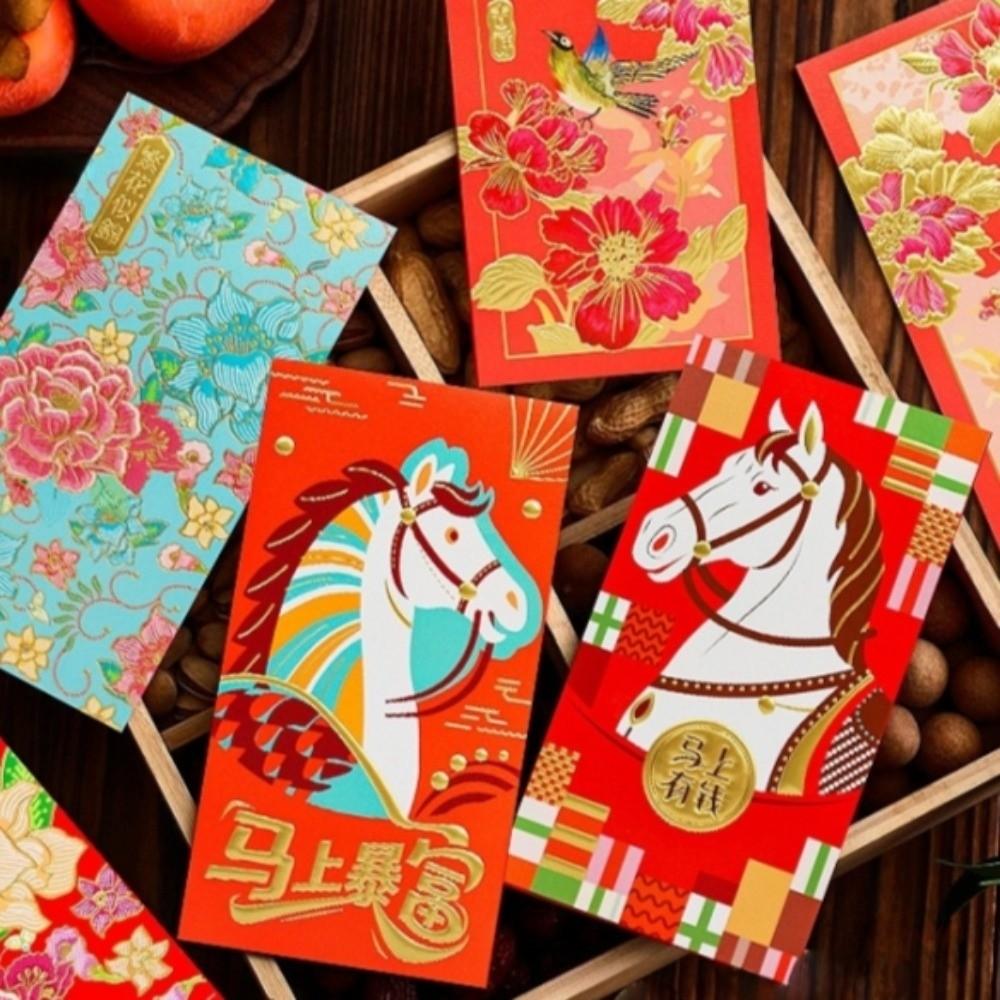 6pcs Chinese Style 2026 Horse Year Red Envelope Gold Stamping Creative New Year Money Envelope Flowers Birds Artistic