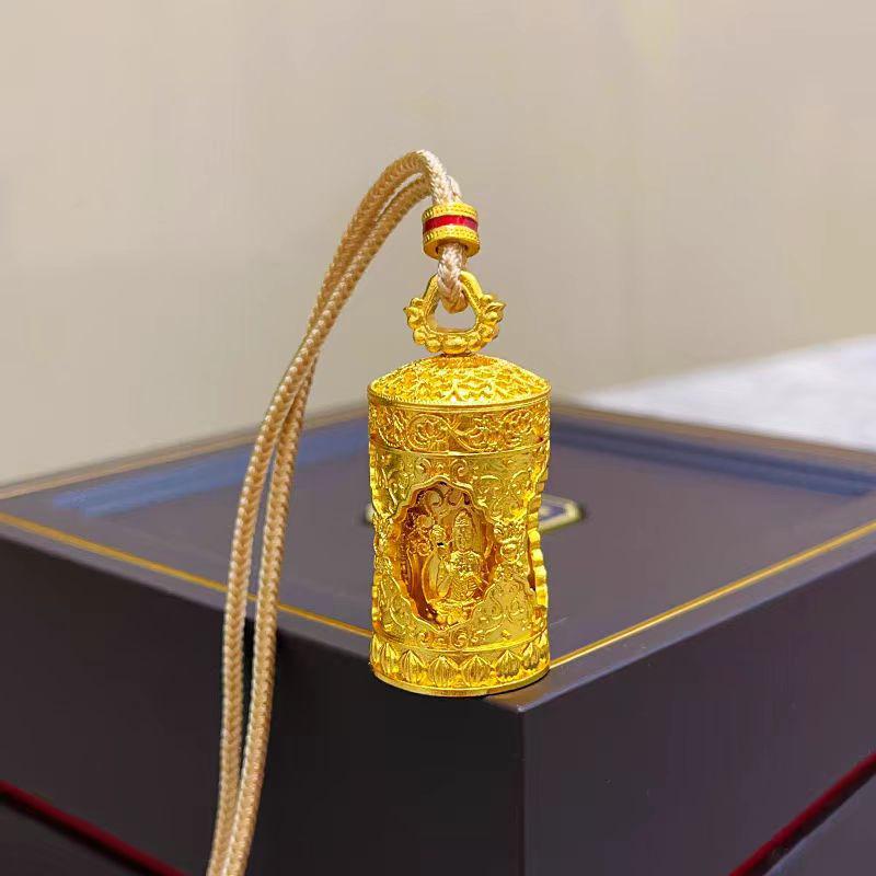Gold Four-Faced Buddha Prayer Wheel Pendant with Rotatable Sand Gold Barrel Chain