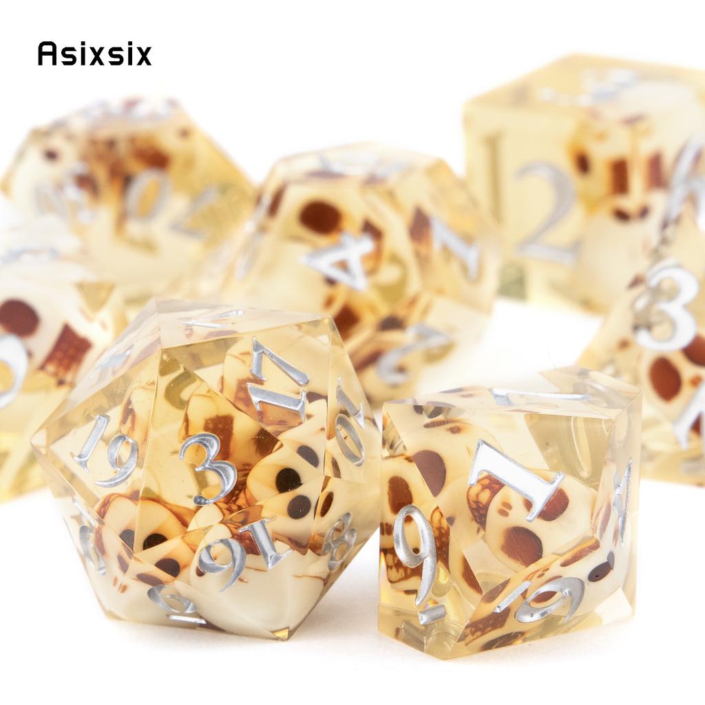 7 Pcs Yellow Skull Resin White Number Sharp Edge Dice Polyhedral Dice Suitable For Role-Playing Dice PropBoard Game Gift