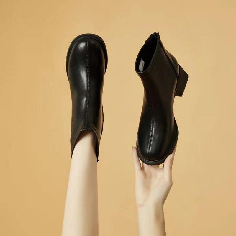 Soft leather short boots women's square head thick heel new autumn and winter single boots medium heel French white soft leather thin boots women