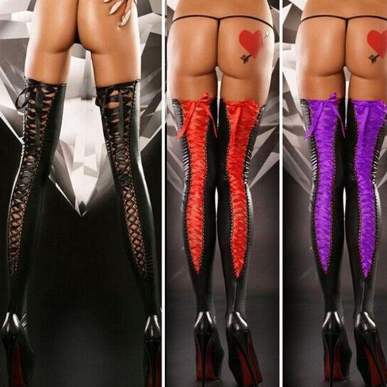 Dámské sexy punčochy po stehna z umělé kůže šněrovací bandáž dlouhé ponožky