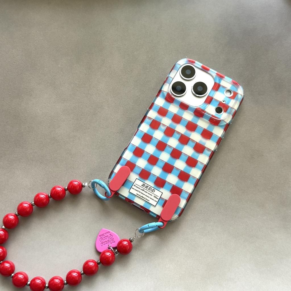 Ins Red Blue Checkered Pattern Heart Beads Wrist Strap Phone Case for iPhone 17 16 15 14 13 Pro Max  Back Cover Fund