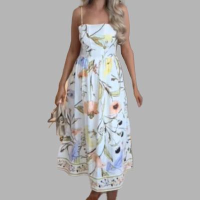 Spring New Holiday Style Fashionable Printed Off-shoulder Sleeveless Waist-hugging Suspender Dress