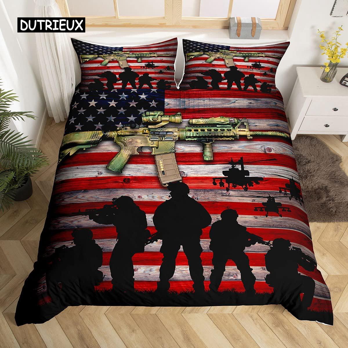 

Комплект постельного белья «Солдатский» с изображением армейской винтовки и пулемета для мальчиков в рамках миссии Армейское постельное белье из военного полиэстера Покрывало для пододеяльника EU single(135x200cm)