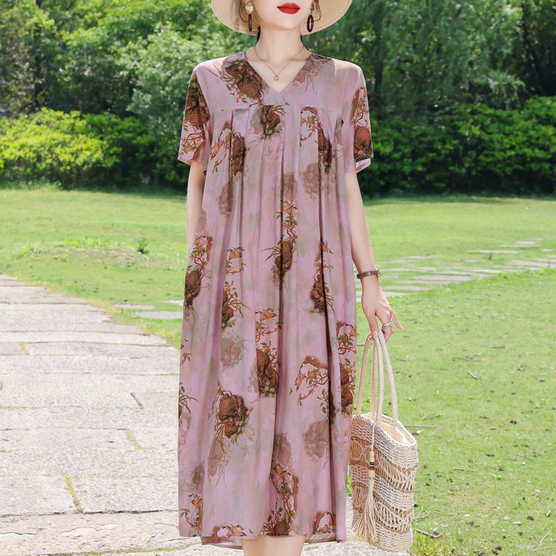 Elegant Women's Summer Dress Plus Size Short Sleeve Casual Loose Long Dresses Vintage Clothes