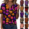 Womens Casual Halloween Print V Neck Short Sleeve Button Decor T Shirt Top Lightweight Comfortable Fit