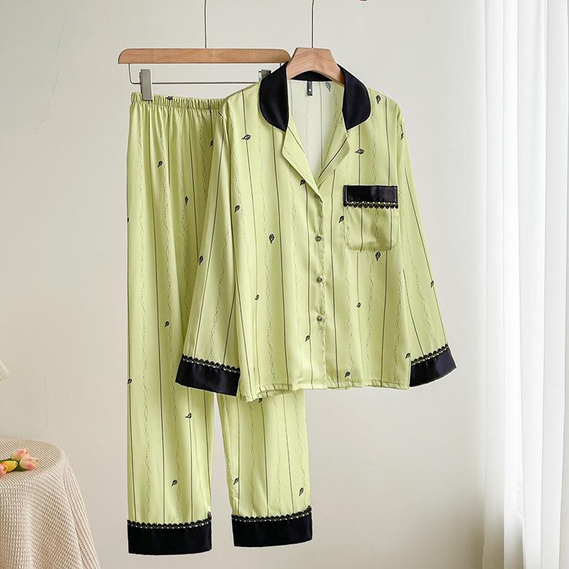 Spring and summer ice silk thin pajamas women's long-sleeved trousers cardigan lapel high-end large-size outer loungewear set