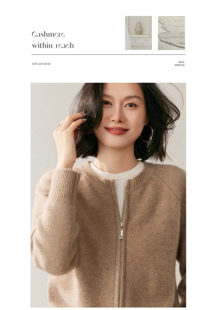 Women's Cashmere Round Neck Zipper Cardigan - Autumn/Winter Collection: Thick, Solid Color, Short, Loose Knit