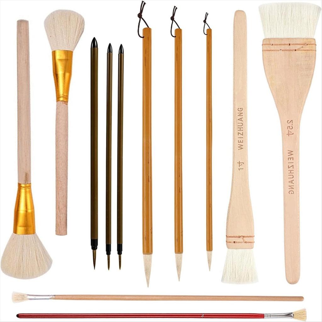 BHBL 12Piece Pottery Glaze Brush Set Assorted Shapes for Pottery, Watercolor - Wool Bristle Art Paintbrushes for Artists