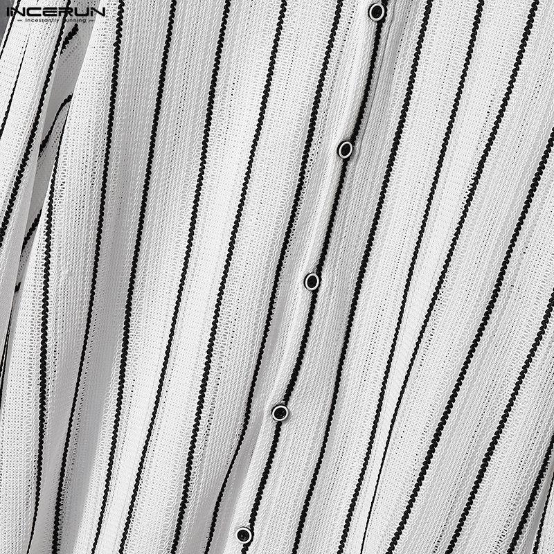 INCERUN Oversized Men Long Sleeve Lapel Striped Hollow Webbing Casual Loose Tops Shirts