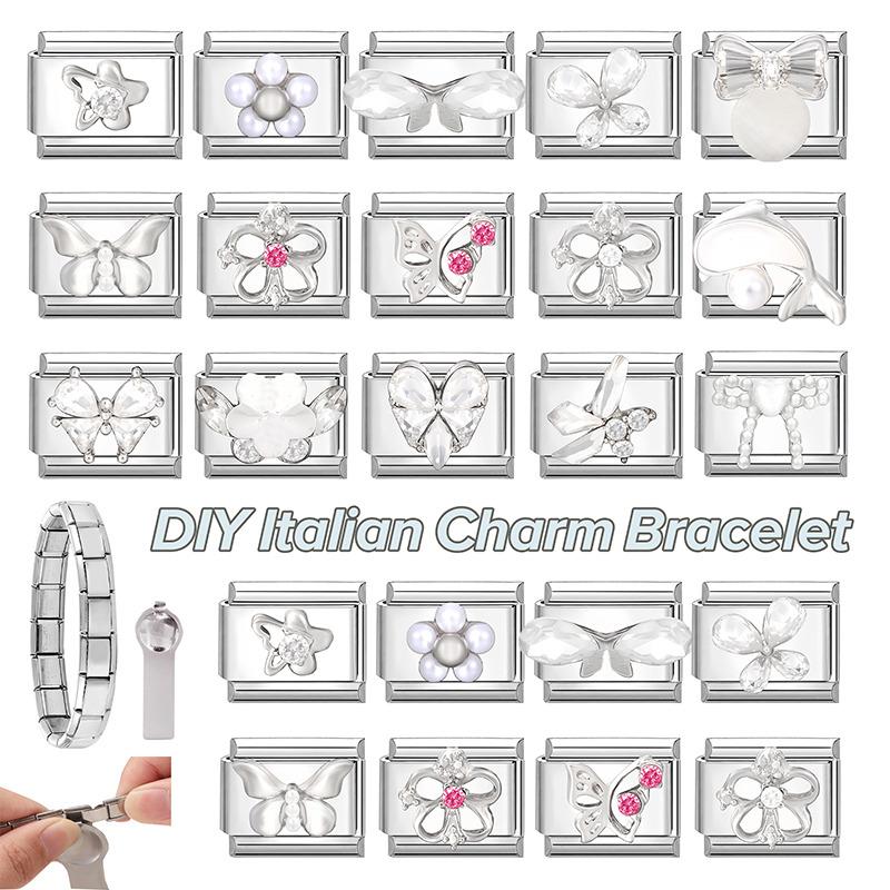 New Shiny Zircon Heart Butterfly Flower Star Bow Italian Charm Links Fit 9MM Stainless Steel Bracelet Girls' DIY Making Gift