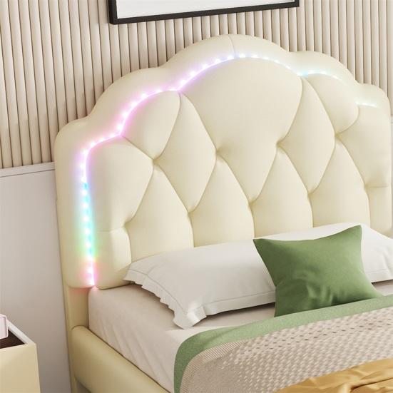 Upholstered Bed Running Light Effect Higher Bed Feet Without Mattress Wavy Headboard Changing LED Strip Sleep Faux Leather Dorm Apartment Single Bed