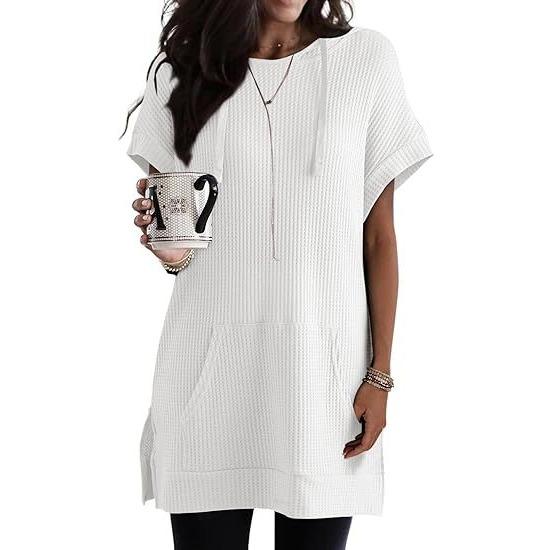 GMXIA Summer Drawstring Hoodie Waffle Knit Side Slit Belt Pocket T