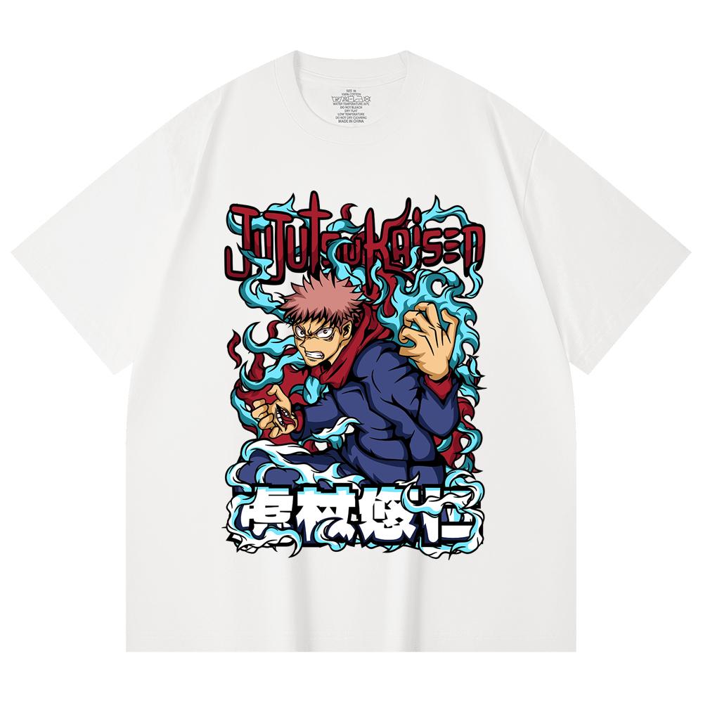 230 Gsm 100% Cotton Jujutsu Kaisen V50 Yuji Print Unisex Heavy Cotton T Shirt