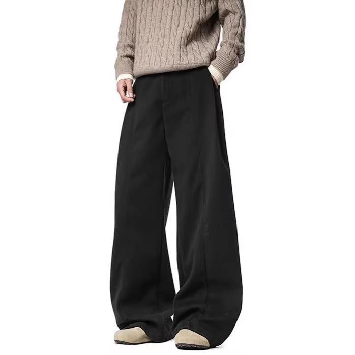 Old Money Woolen Trousers Men's Autumn and Winter Thickened Loose Straight Pants Boys A-shaped Soft Waxy Wide-leg Casual Pants