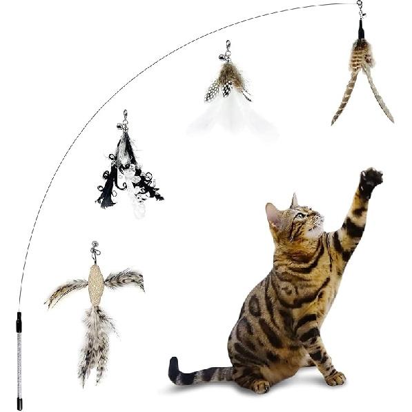 TTcat Cat Wand Toys with Suction Cup, Interactive Bird Simulation Cat Toy Set,Cat Teaser Cat Toys,Flexible Steel Wire and 3Pcs Replacement Feather Cat Wand Toys (4 Refills