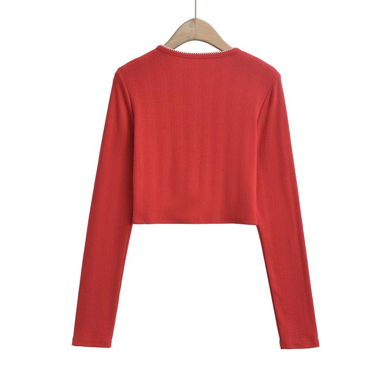 Spring new style six-button textured round-neck long-sleeve women's casual short knitted cardigan