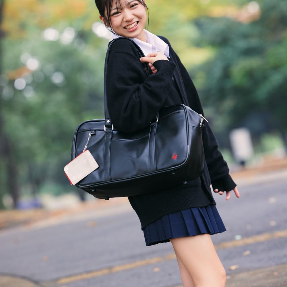 BEVERLY HILLS POLO CLUB Faux Leather School Bag Boston Bag Brown Black High School Girls Boys with Pouch Bp002 Water-repellent (Black [01])