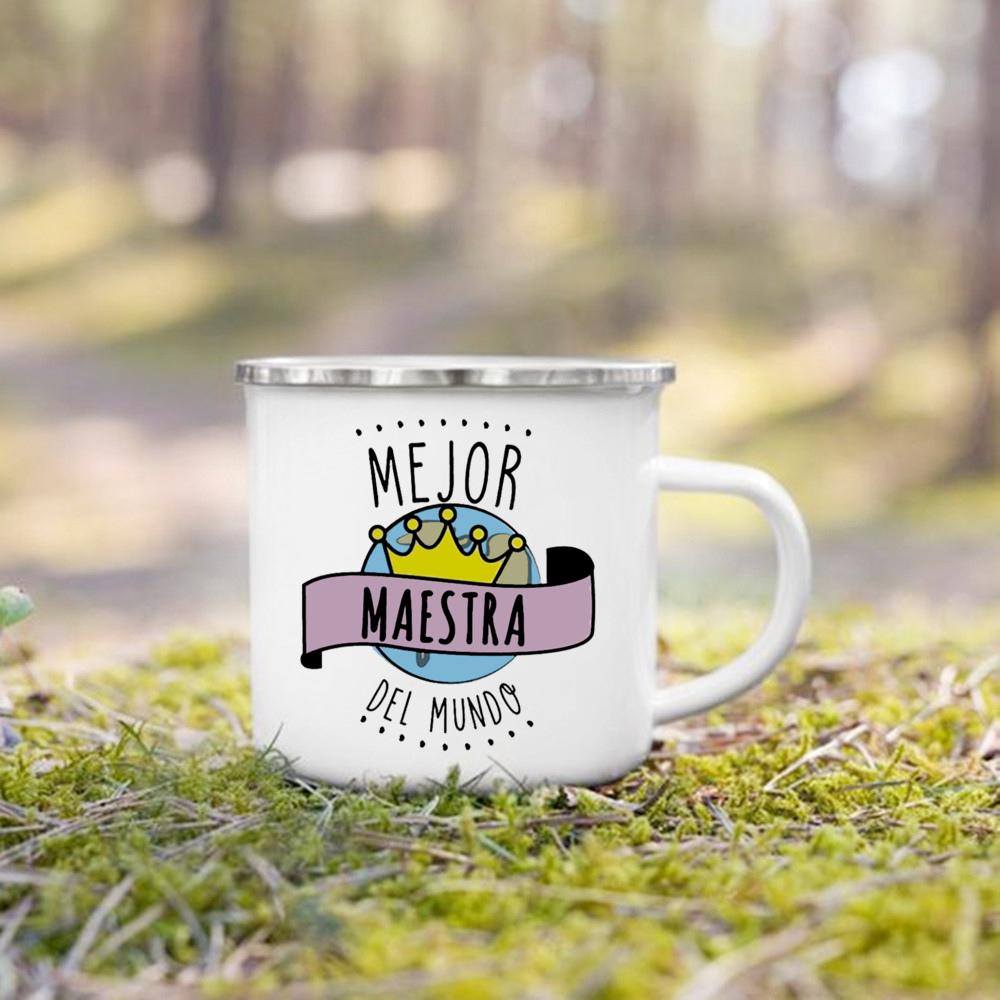 Best Teacher in The World Spanish Printed Mug Creative Coffee Cups Drinks Enamel Cup Vintage Handle Drinkware Gifts for Teacher