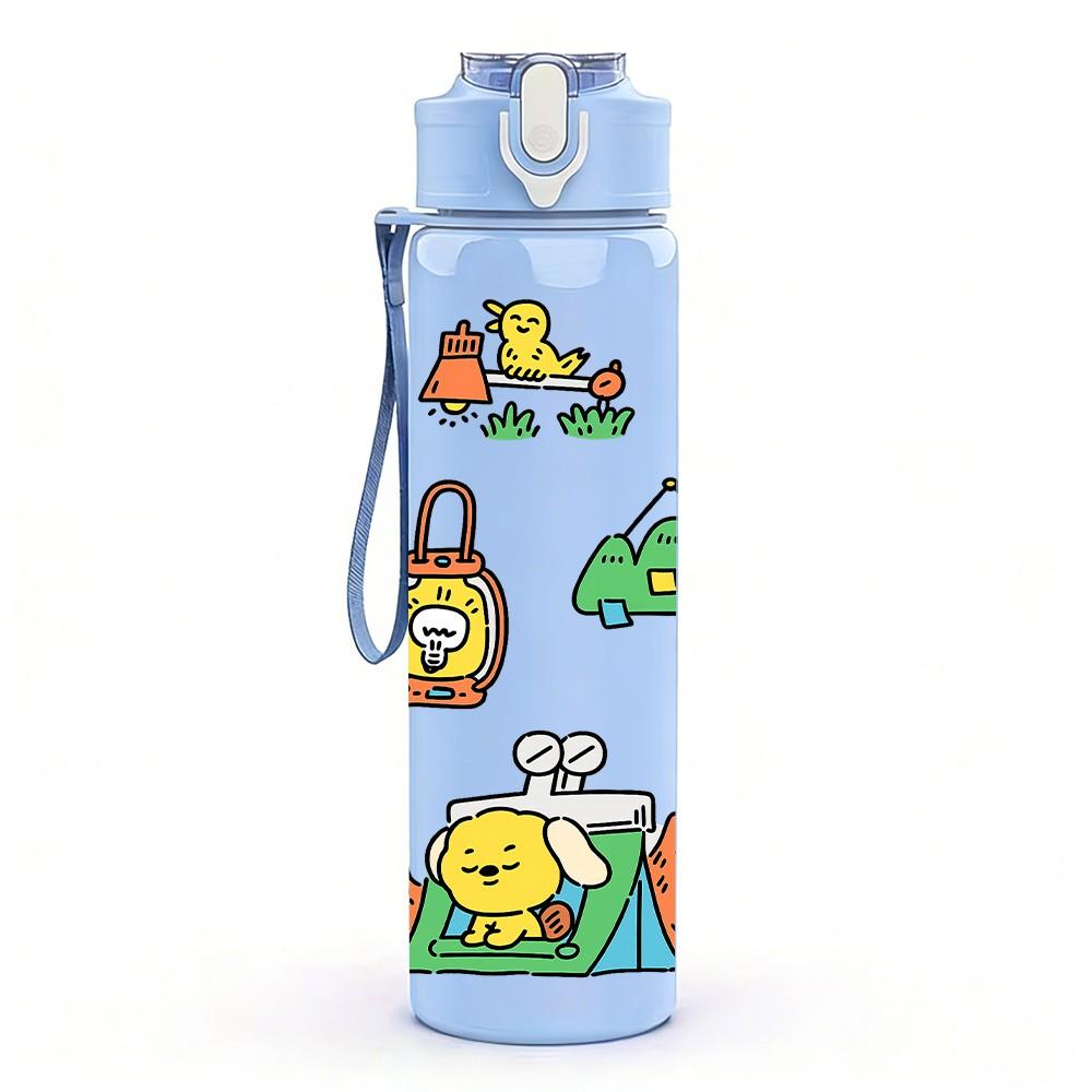 1PC Tool Kit Cute Doodle Print 750ml Color Plastic Sports Water Bottle Leakproof Flip Straw Lid Suitable for Sports Office Home Use