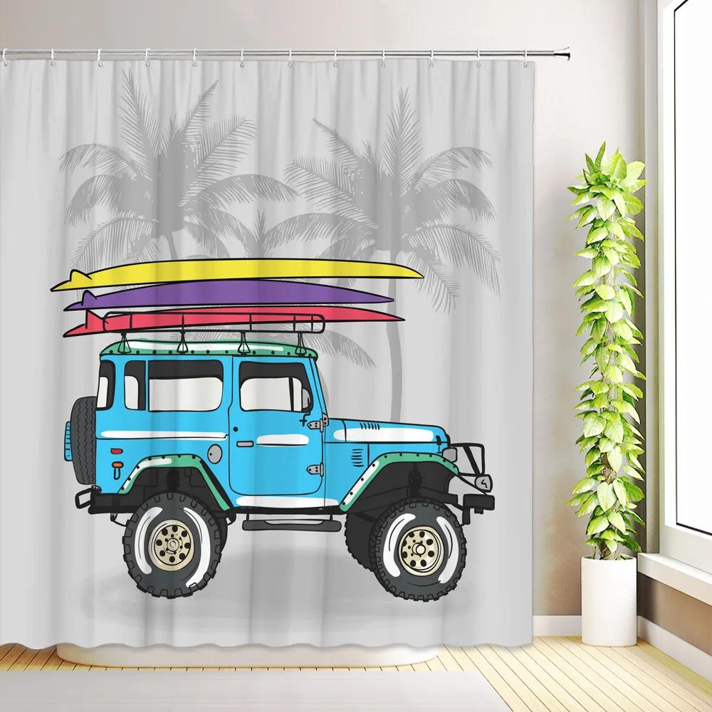 

Camper RV Shower Curtain Rustic Farmhouse Wood Board Trailer Camping Car Surfboard Tropical Palms Trees Bathroom Decor with Hook W90XH180cm
