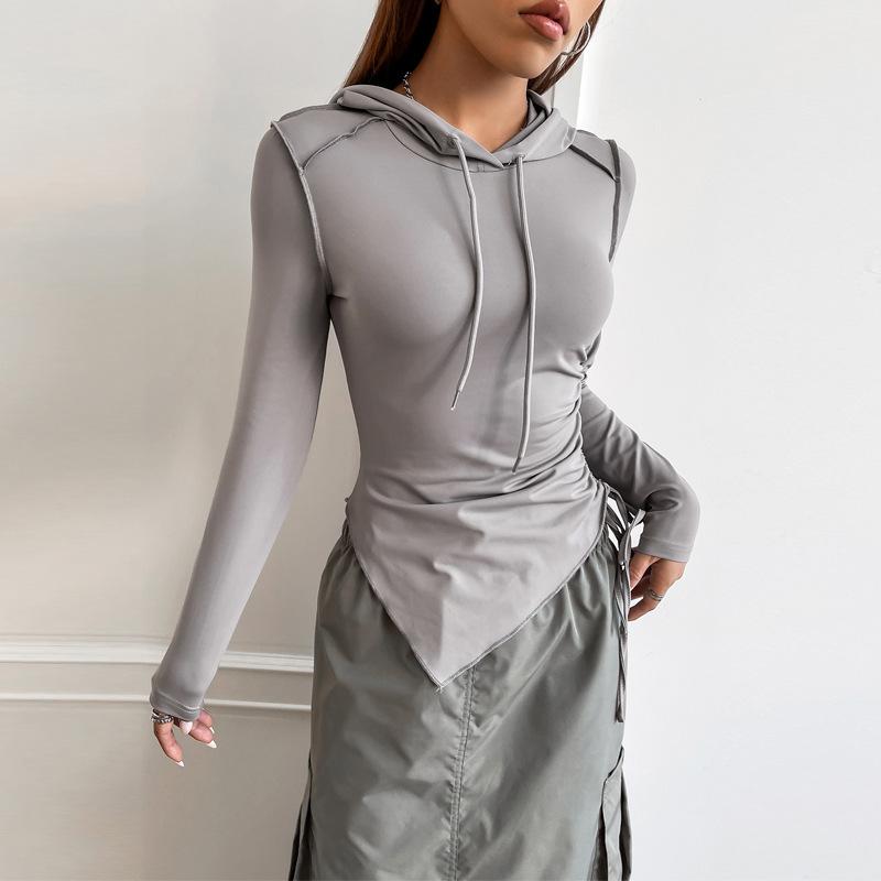 Women's Drawstring Ruffle Irregular Slim Hooded Top