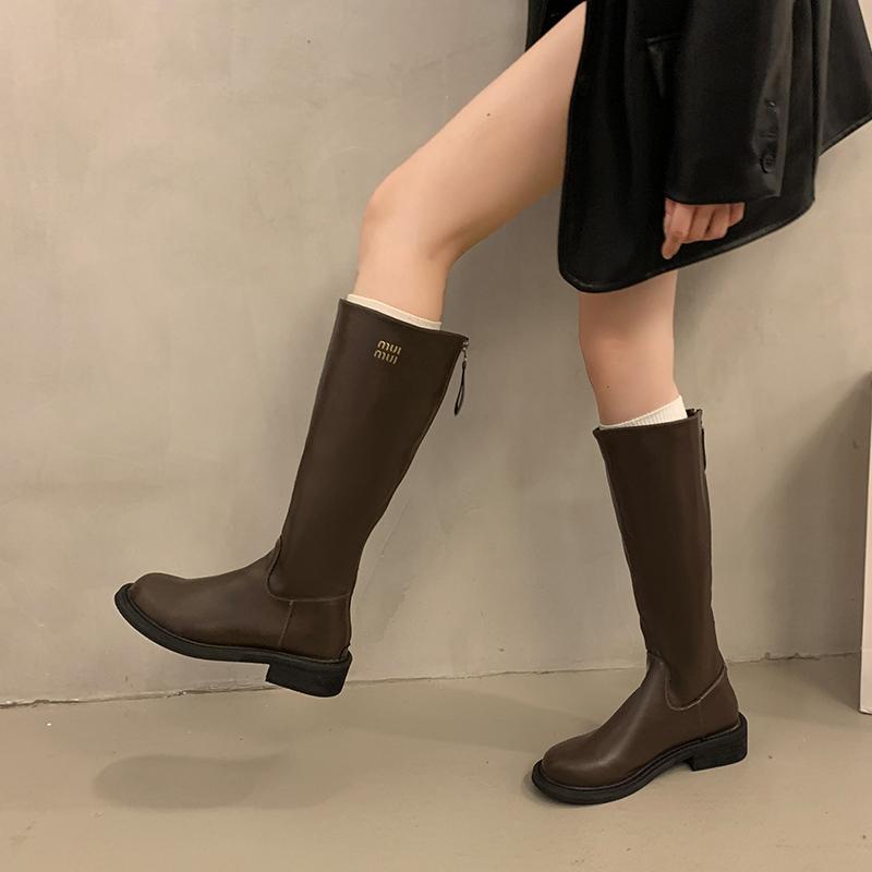 New Style Women's Petite High-top Versatile Riding Boots Autumn/winter Thick Base Long Tube Slimming Boots Rubber Upper Material