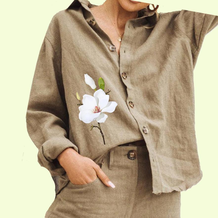 

Женская модная блузка с цветочным принтом, женская хлопковая льняная рубашка с длинным рукавом и застежкой на пуговицы 3XL хаки