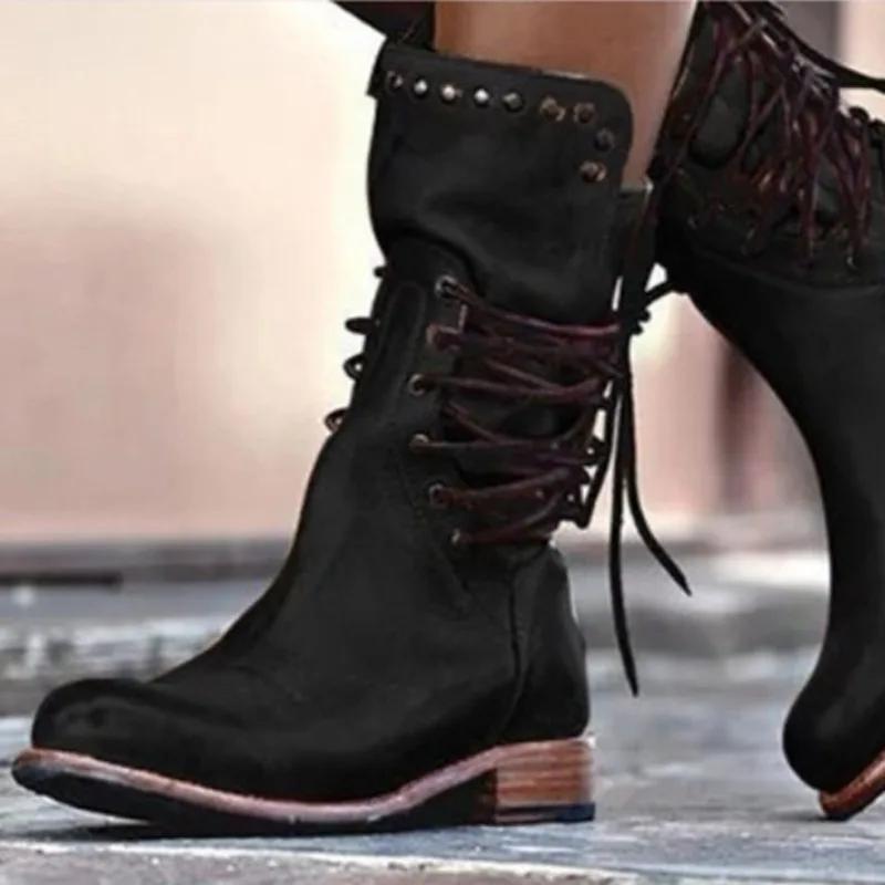 Retro Women's Boots Western Cowboy Boots for Women Mid-length Heel Womens Motorcycle Boots Rome Ladies Pu Leather Shoes Botines