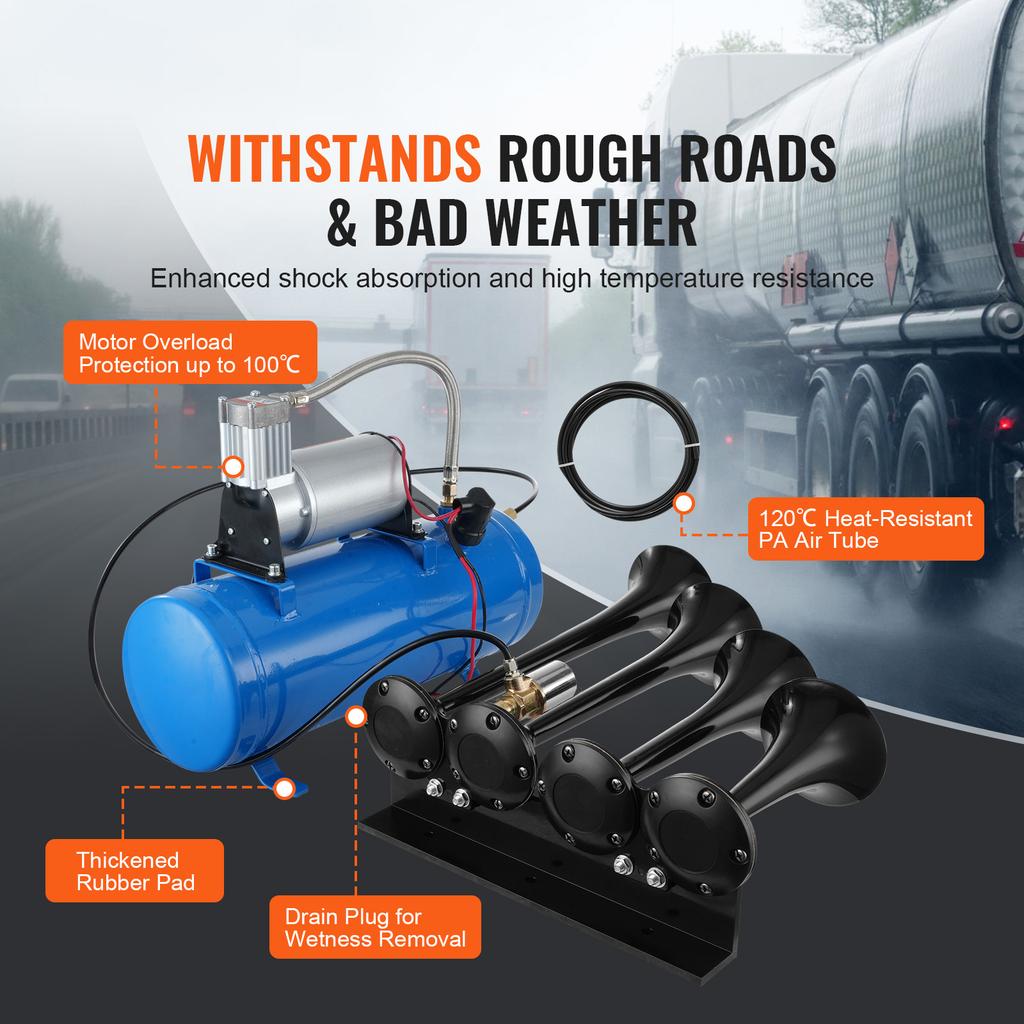 SucceBuy Train Horns Kit 4 Trumpet Air Horn Kit 150dB Train Horns 12V Air Compressor with 3/6/10L Tank, for Pickup Trucks Train