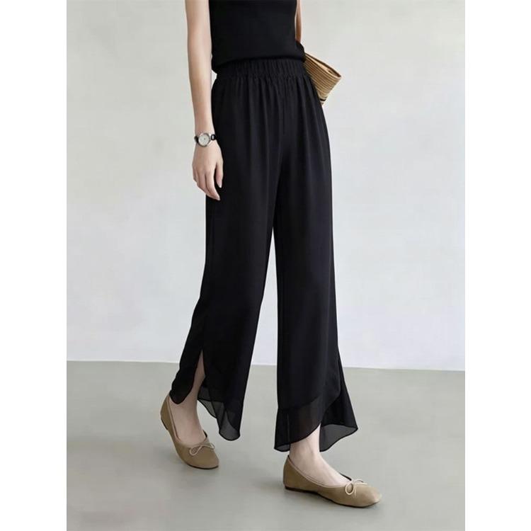 Women Elastic Waist Chiffon Flared Cropped Pants Split Ruffle Hem Sheer Wide Leg Capri Trousers Lightweight Summer Office Casual Flow Pants