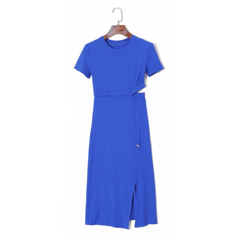 

2025 Spring Summer Women clothes Simple Solid round Neck Pullover Short sleeve Sexy Hollow High Waist Slim fit Split Dress Baolan M