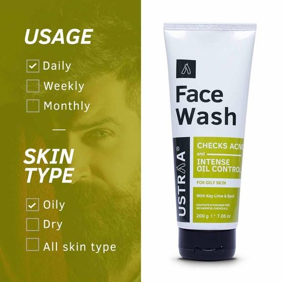 Ustraa Face Wash - Oily Skin - 200g - Specially Formulated for Oily Skin | With Key Lime & Basil Extract | Remove Excess Oil & Dirt