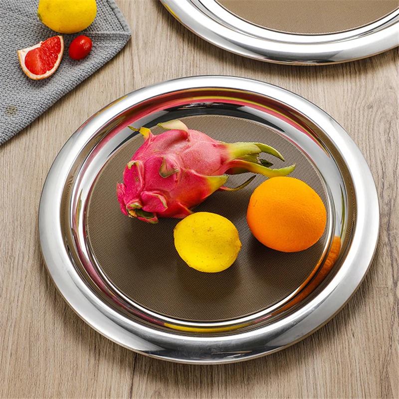 Thickened Round Fruit Plate Dining Plate Equipped with Anti Slip Pad Tray Tea Tray Service Disk Thickened Stainless Steel Plate