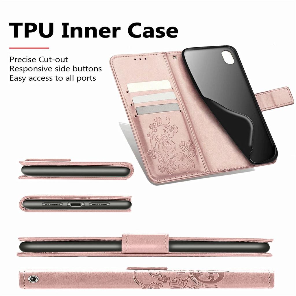 Leather Wallet Flip Case for VIVO V70 FE V60 V50 V40 V30 V29 V29E V50E V27E Lite Pro SE Embossed Clover Floral Design