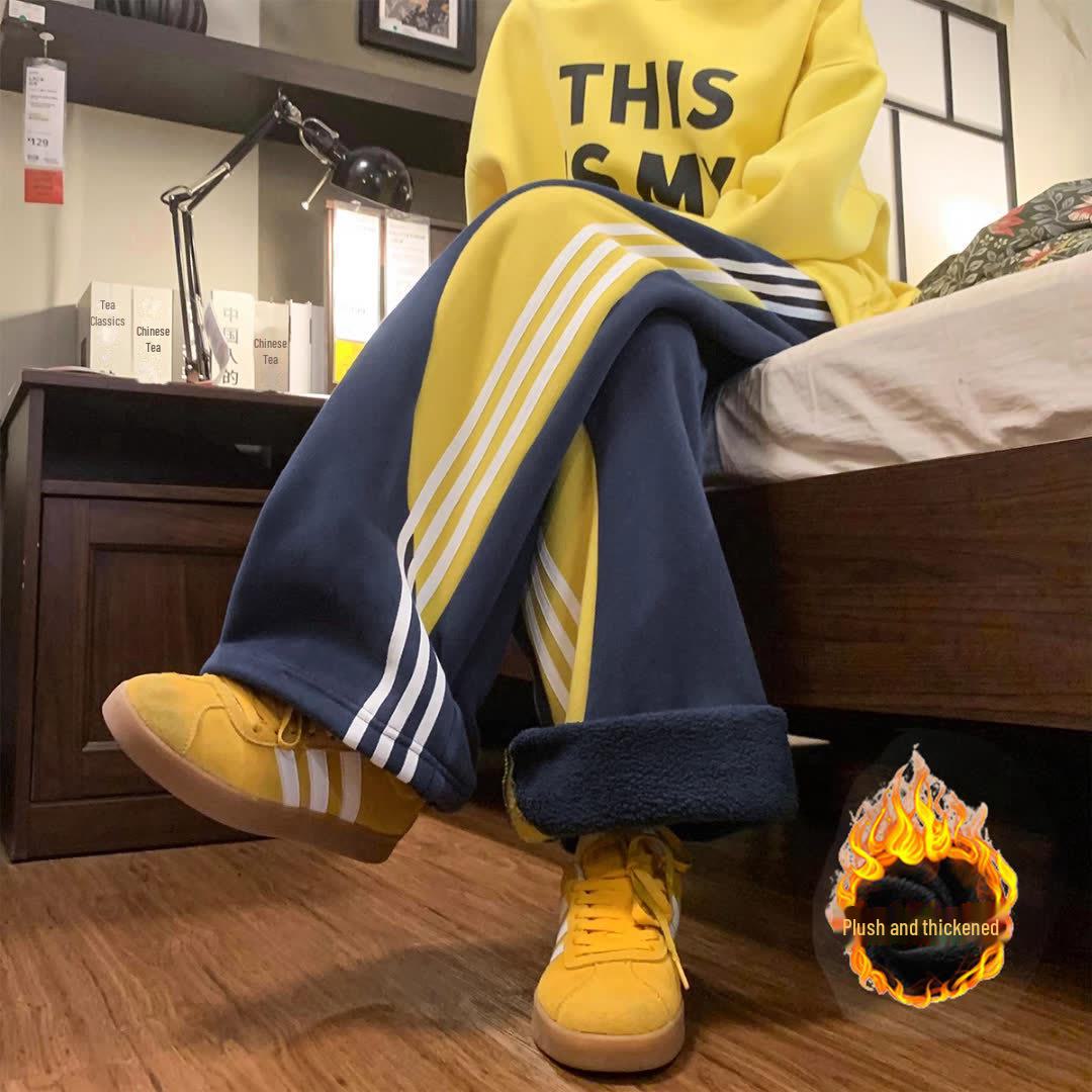 

Мужские спортивные брюки в американском стиле с тремя полосками в полоску — осень/зима, плотная драпировка, свободный крой, модные повседневные брюки. L