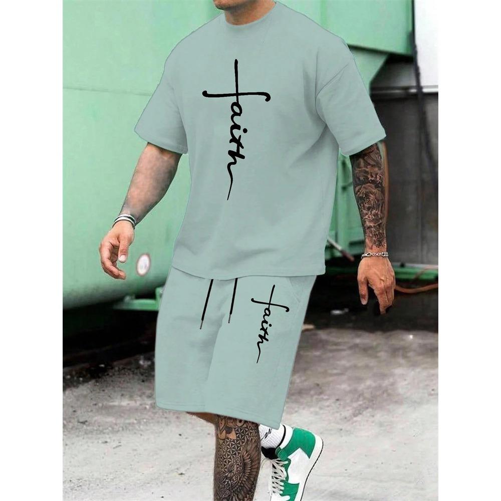 Set Estivo da Uomo a Maniche Corte con Stampa a Croce Pantaloncini Moda Casual Temperamento Set 2 Pezzi Street Shoot Vacanza T-shirt Girocollo