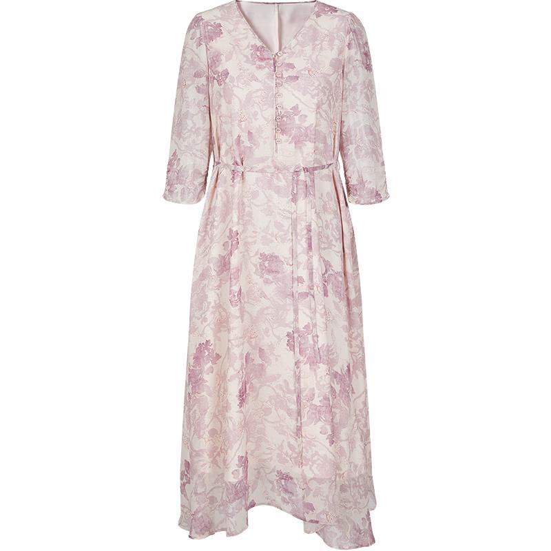 Annacoco Elegant Watercolor Floral Mulberry Silk Dress M