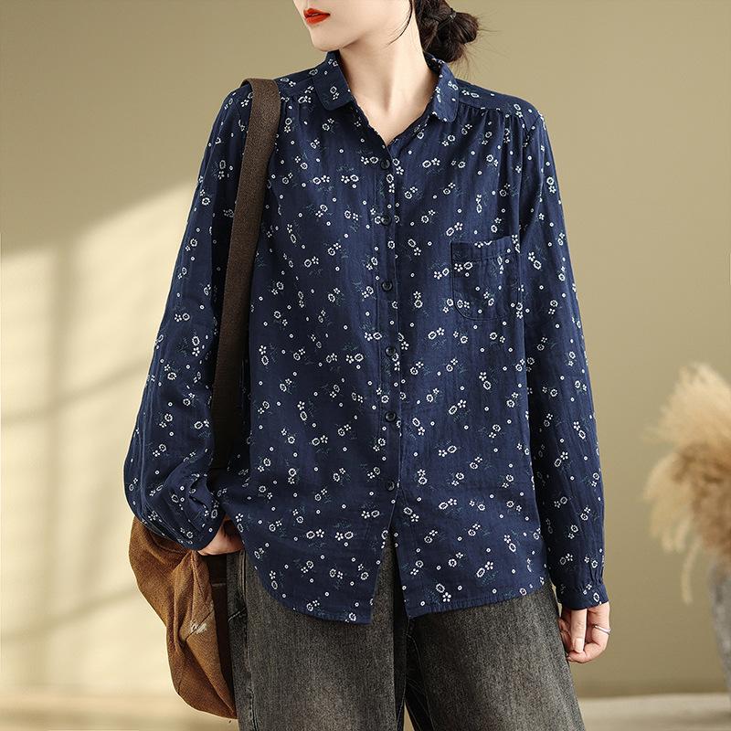 Spring Floral Long Sleeved Shirt for Women Loose Slimming Retro Artistic Shirt Blouses & Shirts