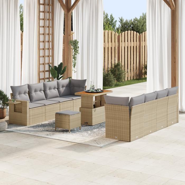 Ensemble de Canapés de Jardin vidaXL 11 Pièces avec Coussins Beige Poly Rattan Acacia, Ensemble de Salle à Manger de Jardin 3361722