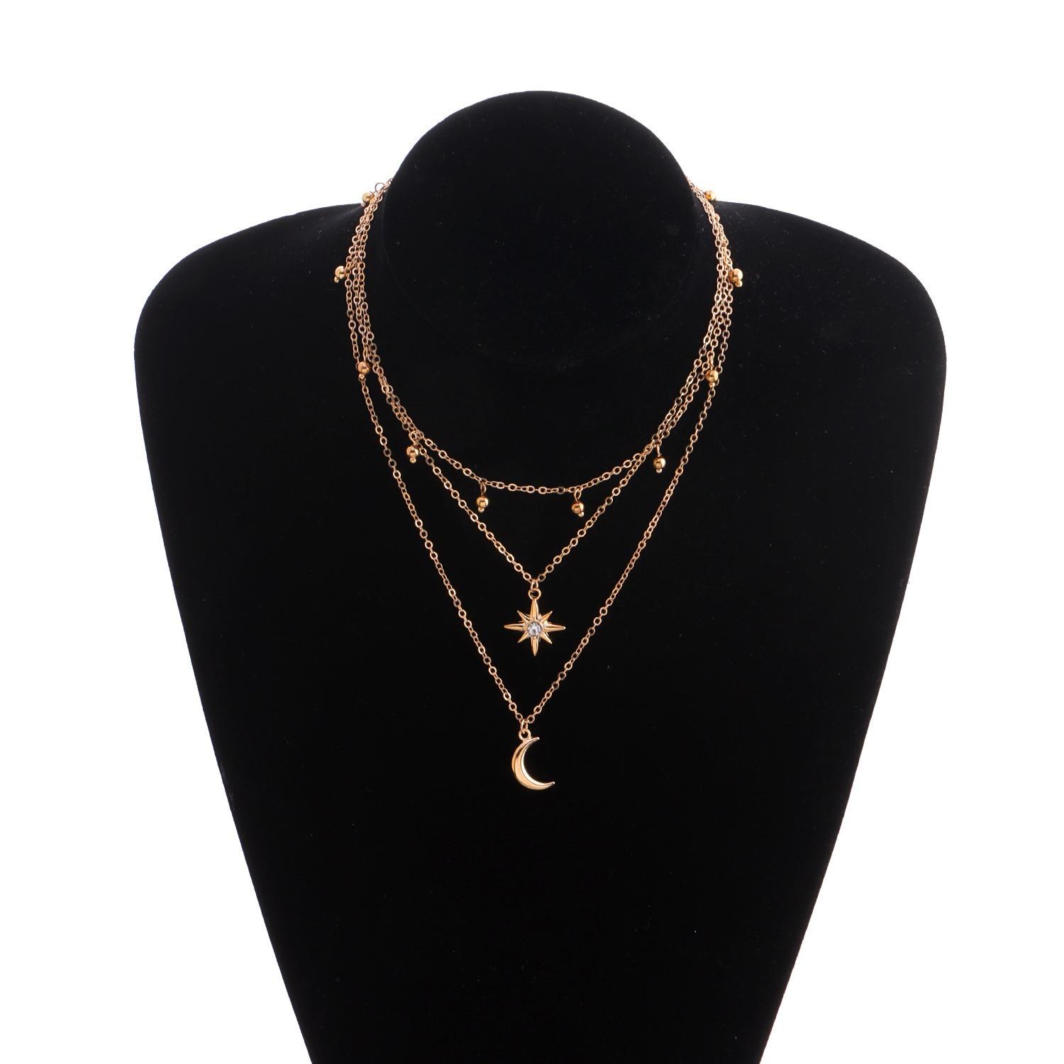 

Metal Crescent Moon With Diamonds Starburst Necklace Women Hot Sale Bell Hundred Matching Sweater Collar Jewelry Accessories