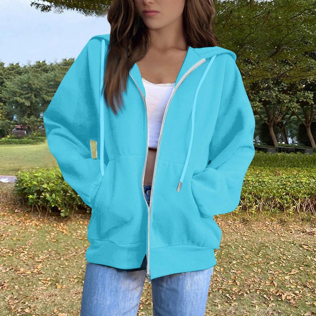 Women's Solid Color Long Sleeved Round Neck Plush Zipper Hooded Sweatshirt With Drawstring